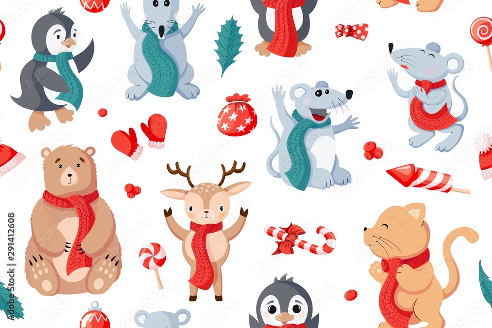 Seamless Christmas pattern background with animals and holiday attributes