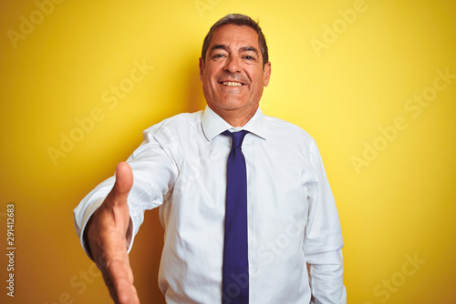 Handsome middle age businessman standing over isolated yellow background smiling friendly offering handshake as greeting and welcoming. Successful business.