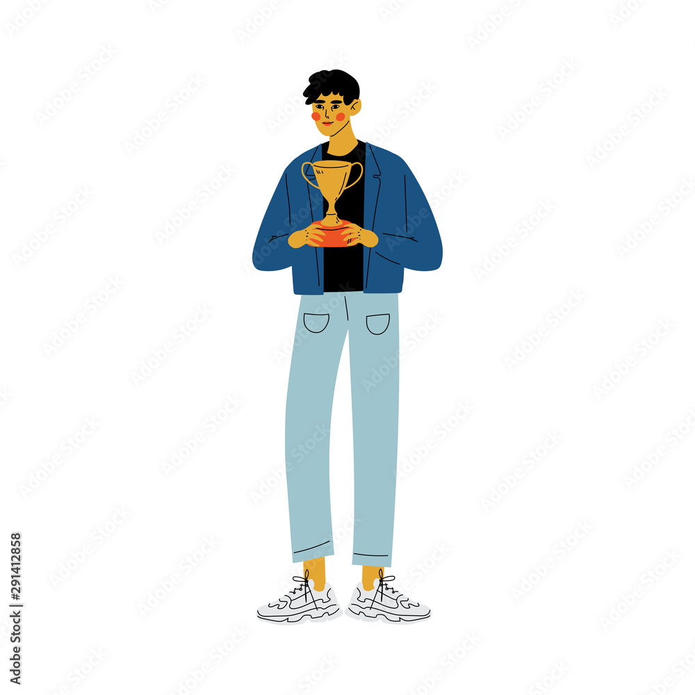 Young Man with Winner Cup, Happy Positive Guy Celebrating and Rejoicing Victory, Successful People Concept Vector Illustration