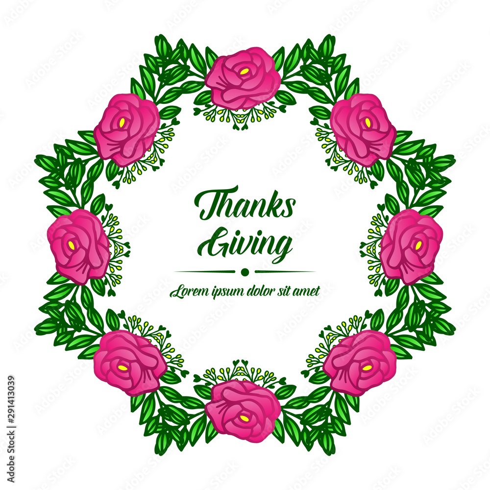 Template for poster thanksgiving, cute pink rose wreath frame. Vector