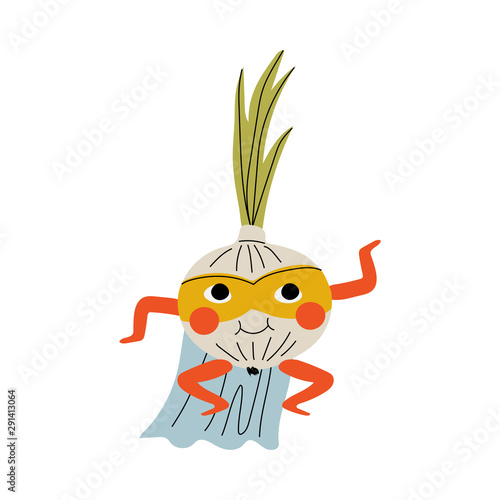 Cute Superhero Onion in Mask and Cape, Funny Vegetable Cartoon Character in Costume Vector Illustration