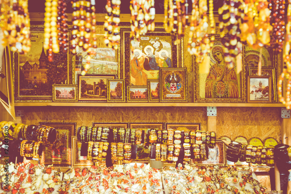 Amber pendants and necklaces at the street market of Curonian Spit, Kaliningrad region, Russia.