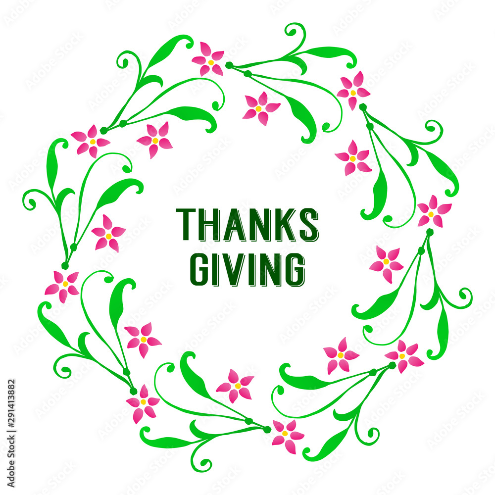 Pattern card of thanksgiving, with green leaves frame and pink flower. Vector