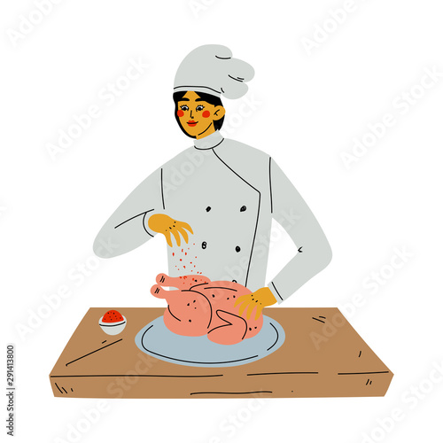 Professional Female Chef Cooking Chicken, Kitchener Character Wearing Classic Traditional White Uniform Working in Restaurant or Cafe Vector Illustration
