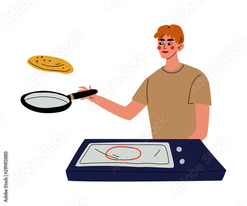 Young Man Baking Pancakes, Guy Throwing a Pancake in the Air with his Frying Pan Vector Illustration