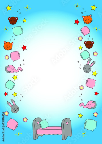 Hand-drawn colored vector template, frame for list of the bed place in kindergarten or children's summer camp with cute sleeping animals on blue background. Blank A4 format