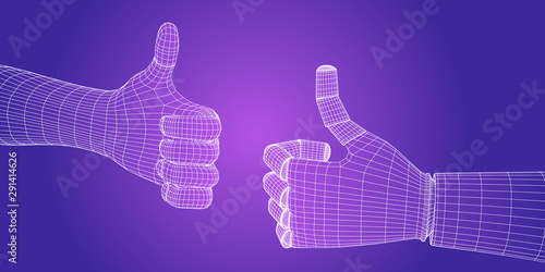 Hand human and robot  thumb up thumbs. Science and technology concept. Artificial intelligence technology. Vector illustration.