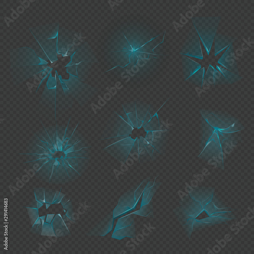 Broken differents shape glass crack window front door, cracked glass after an accident, vandalism, bullet destruction. Vector illustration on dark transparent background