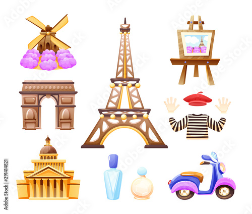Travel to Paris  sights of France. Paris tourist landmarks  Eiffel Tower  Arc de Triomphe  historic buildings  French perfumes  art  food  mill  electric scooter. Trip vector cartoon illustration