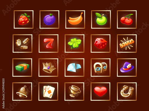 Large set of icons for the game interface. Casino icons for slot machines, lotteries. Bonus logos for gambling. Mobile game design vector illustration isolated.