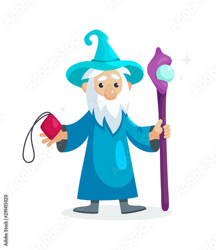 Wizard male character, mage, a sorcerer in a mantle and hat. Warlock with a cane and a magic amulet in his hand. Concept of magic and witchcraft. Wizard male cartoon vector illustration isolated.