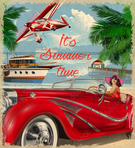 Vintage summer holidays background.Happy  woman driving a retro car.