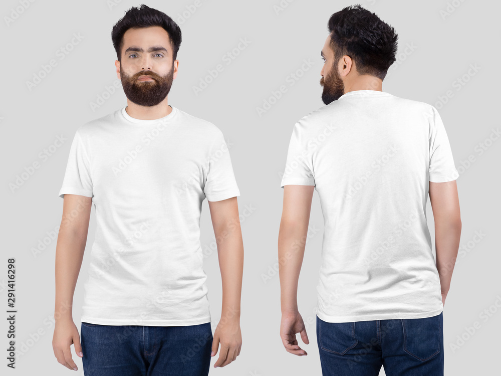 Front and rear view of male model in white plain crew neck t shirt and blue denim jeans pant. Isolated background. Front and rear view of male model in white plain crew neck t shirt and blue denim jeans pant. Isolated background.