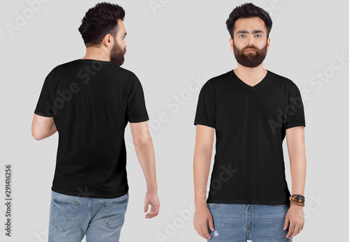 Front and rear view of male model in black plain v neck plain t shirt and blue denim jeans pant. Isolated background.