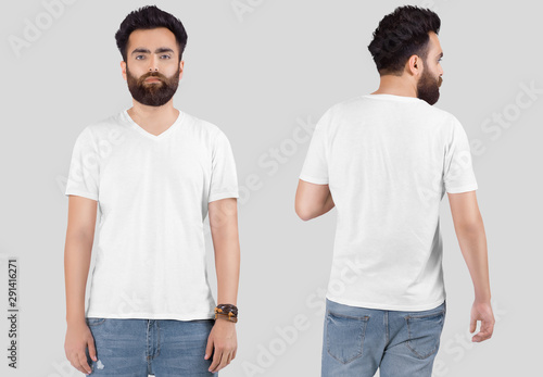 Front and rear view of male model in white plain v neck t shirt and blue denim jeans pant. Isolated background.