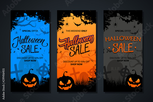 Halloween Sale flyer templates set with brush stroke background, hand lettering text Halloween Sale and traditional Halloween holiday spooky symbols. Vector illustration.