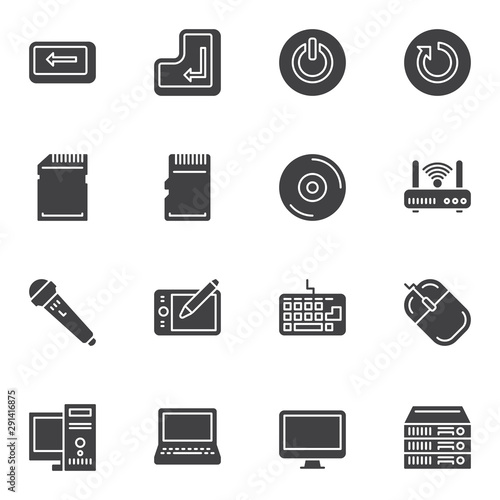 Hardware vector icons set, modern solid symbol collection filled style pictogram pack. Signs, logo illustration. Set includes icons as compact disc, micro sd card, microphone, laptop, computer monitor