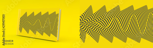 Cover design template. Black and yellow pattern with optical illusion. Applicable for placards, banners, book covers, brochures, planners or notebooks. 3d vector illustration.
