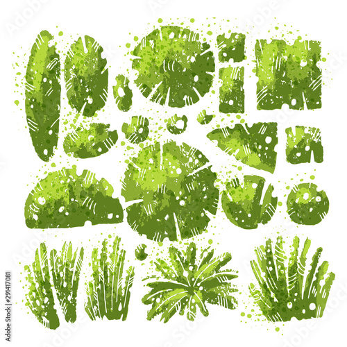Tropical and middle lane textured leaves and bushes vector set with expressive watercolor splashes and grunge texture. Isolated bush and leaf collection on white background. Green bushes for