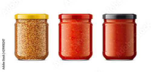Set of Glass Jar with Sauces, Mustard. 