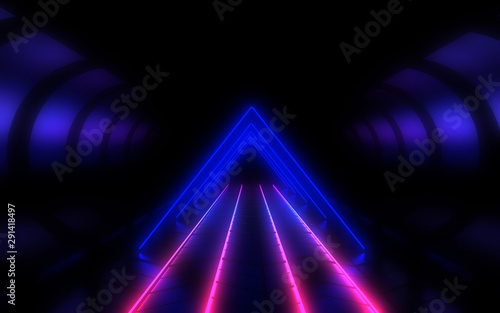 abstract architecture tunnel with neon light. 3d illustration