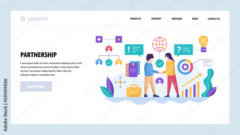 Vector web site design template. Global business partnership. Agreement handshake. Landing page concepts for website and mobile development. Modern flat illustration