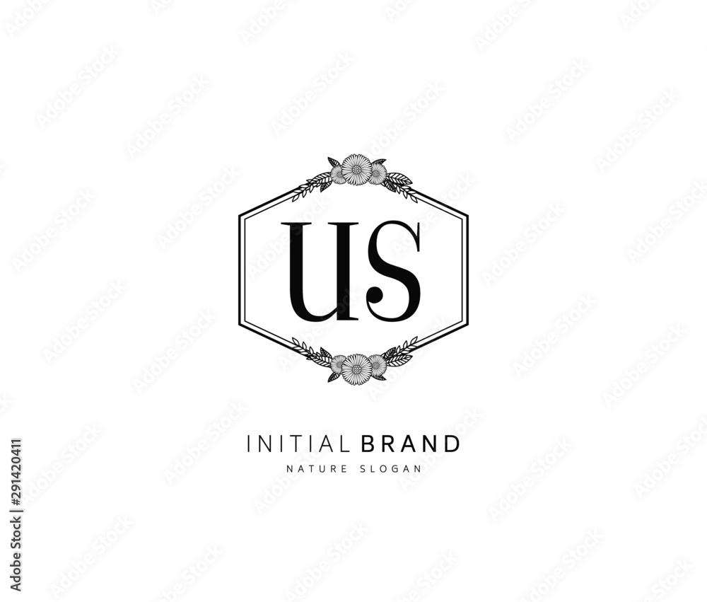 U S US Beauty vector initial logo, handwriting logo of initial signature, wedding, fashion, jewerly, boutique, floral and botanical with creative template for any company or business.