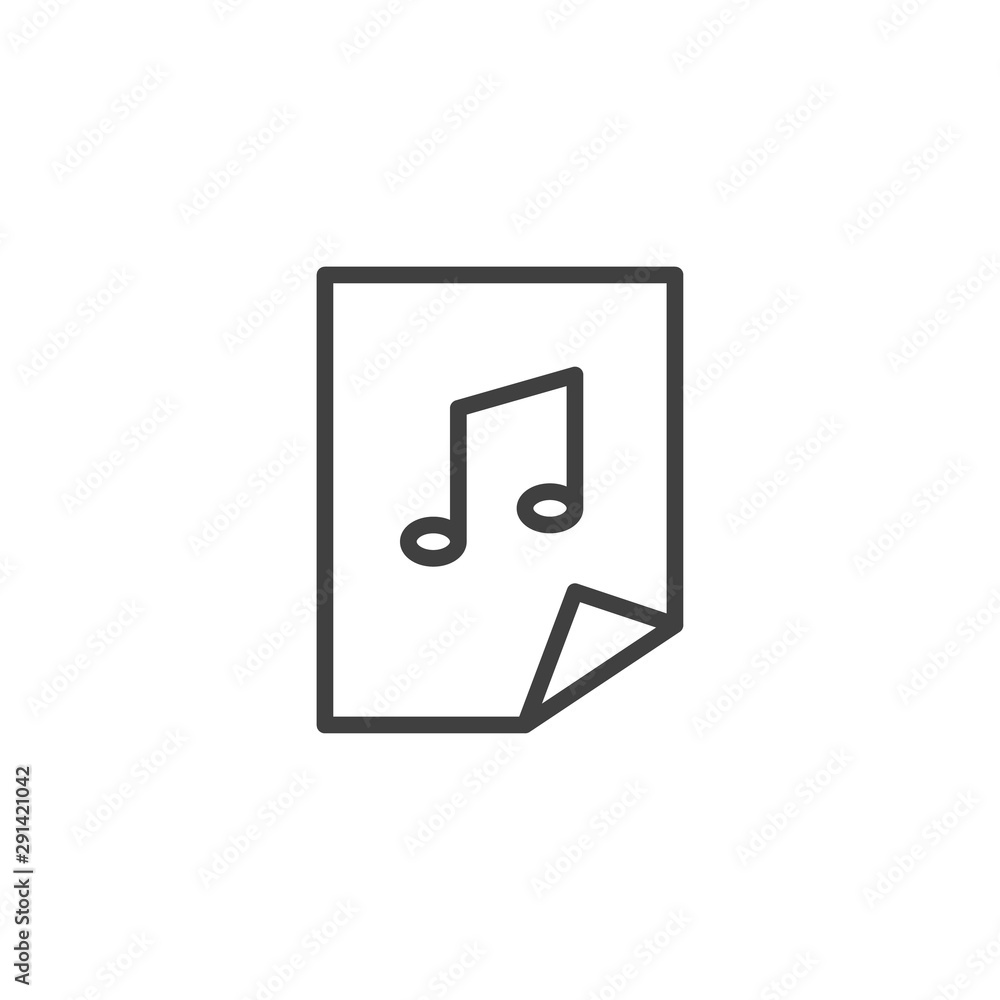 Music file document line icon. linear style sign for mobile concept and web design. Document with music note outline vector icon. Symbol, logo illustration. Vector graphics Music file document line icon. linear style sign for mobile concept and web design. Document with music note outline vector icon. Symbol, logo illustration. Vector graphics