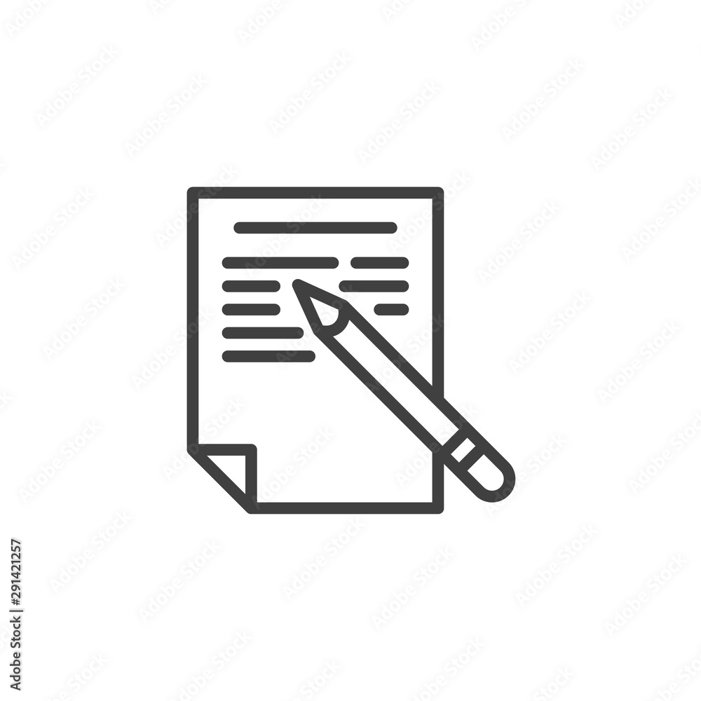 Document with pen line icon. linear style sign for mobile concept and web design. Note paper outline vector icon. Symbol, logo illustration. Vector graphics Document with pen line icon. linear style sign for mobile concept and web design. Note paper outline vector icon. Symbol, logo illustration. Vector graphics