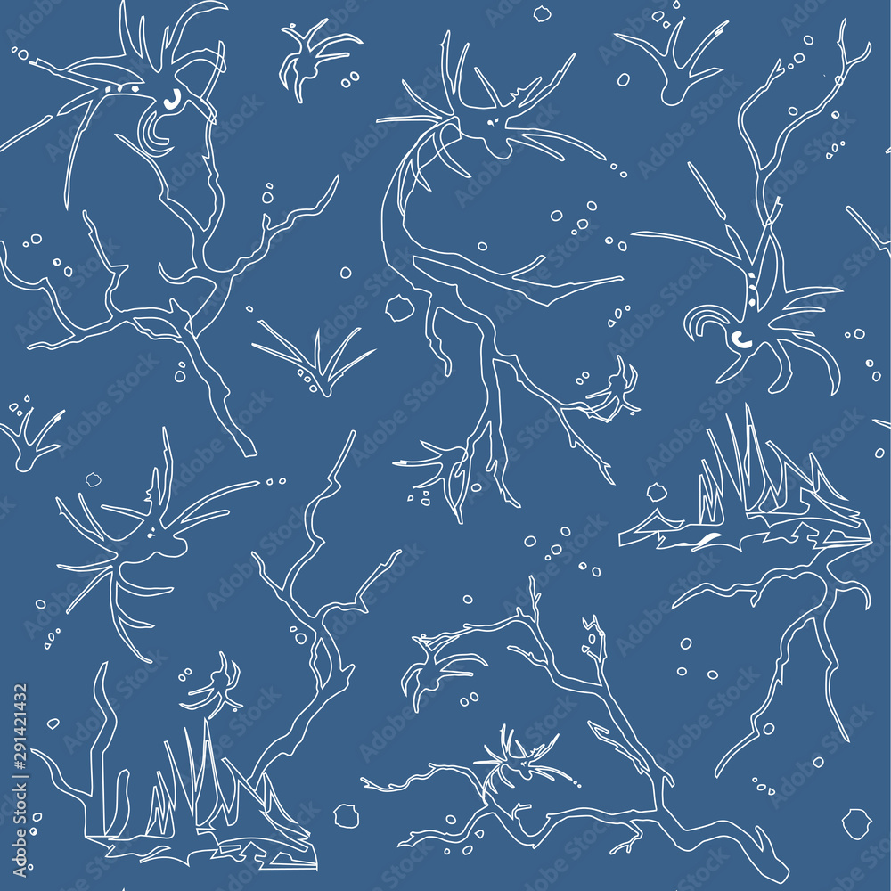 Seamless frosty pattern. Contour sharp branches on a blue background. Spiky white monsters. Vector halloween illustration for textile, fabric, paper. Seamless frosty pattern. Contour sharp branches on a blue background. Spiky white monsters. Vector halloween illustration for textile, fabric, paper.