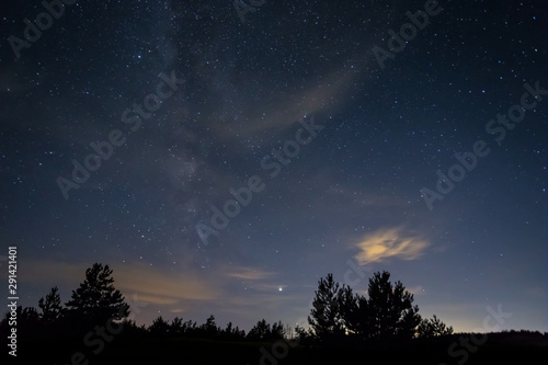night forest landscape, forest silhouette under a night starry sky with clouds and milky way