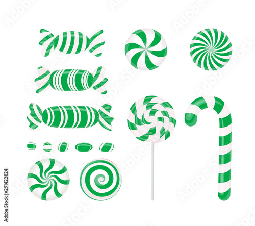Vector set of green candies. Caramel, Lollipop, Lollipop, striped candy on white