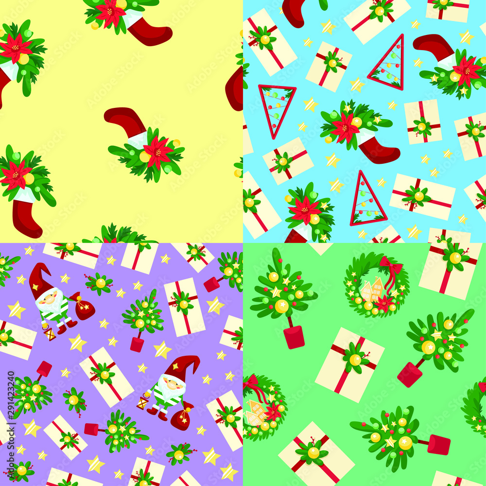 Vector Christmas seamless patterns. Christmas tree, boots, Christmas gnome, gifts, wreath. Merry Christmas!