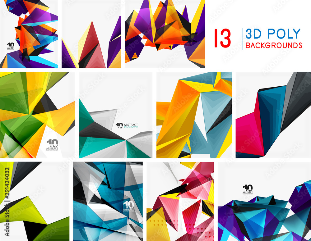 Set of triangular low poly 3d design backgrounds. Geometric triangle shapes technology mosaic patterns.