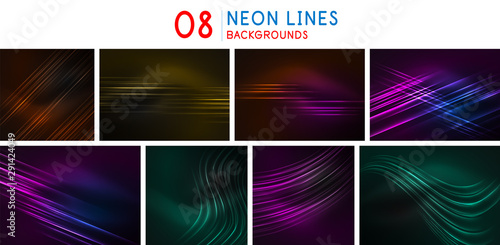 Set of glowing straight neon lines flowing backgrounds, flow abstract banners, motion technology dynamic design. Futuristic energy magic flashes