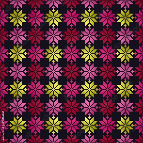 Seamless vector background with Norwegian snowflakes. Pixel snowflakes. Merry Christmas! Winter pattern. Can be used for wallpaper, textile, invitation card, wrapping, web page background.