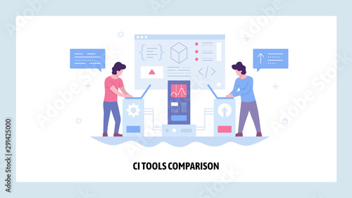 Vector web site design template. Continuous Integration CI software development. Agile methodology of coding. Landing page concepts for website and mobile development. Modern flat illustration