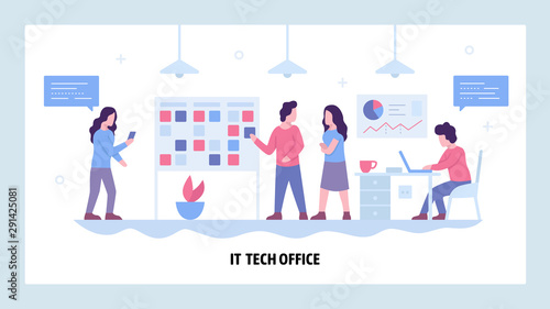 Vector web site design template. Software development company office with scrum board. Agile development, teamwork. Landing page concepts for website and mobile development. Modern flat illustration