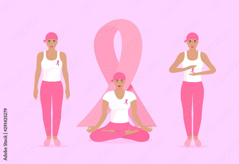 National Breast Cancer Awareness Month. Young women in scarves and with pink ribbons on their chest. National Breast Cancer Awareness Month. Young women in scarves and with pink ribbons on their chest.