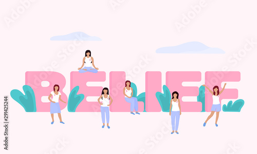 A group of Tiny women with a pink ribbon on their chest near a huge inscription Belief. National Breast Cancer Awareness Month