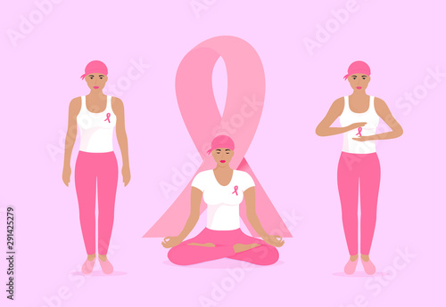 National Breast Cancer Awareness Month. Young women in scarves and with pink ribbons on their chest.