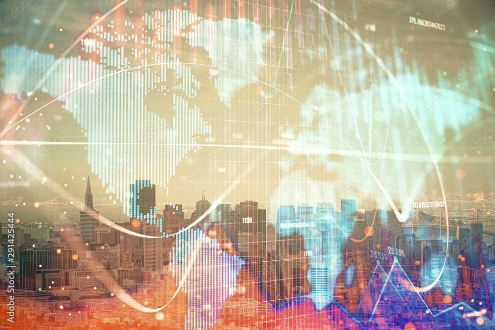 Fototapeta premium Double exposure of business theme hologram drawing and city veiw background. Concept of success.