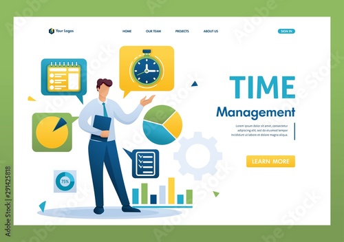 Young businessman is engaged in time management. Distribution of tasks. Flat 2D character. Landing page concepts and web design
