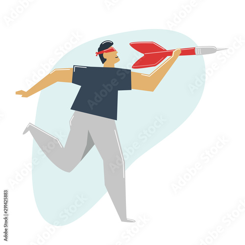 Wrong goal concept. A blindfold man aiming a dart at a void. The blind man chose the false target.