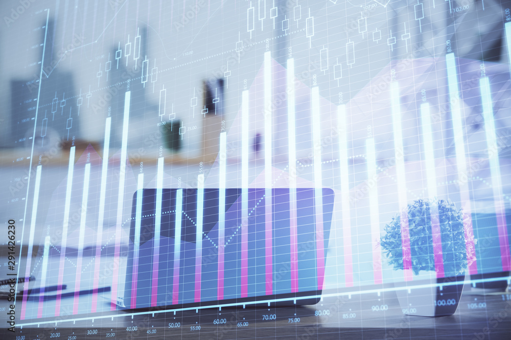 Stock market graph on background with desk and personal computer. Multi exposure. Concept of financial analysis. Stock market graph on background with desk and personal computer. Multi exposure. Concept of financial analysis.