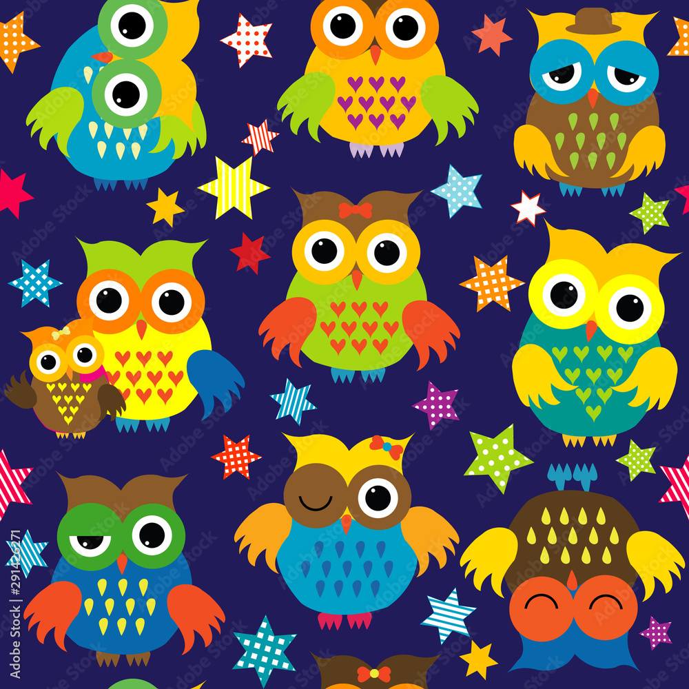 Obraz premium Cartoon owls in the nighttime colorful seamless pattern