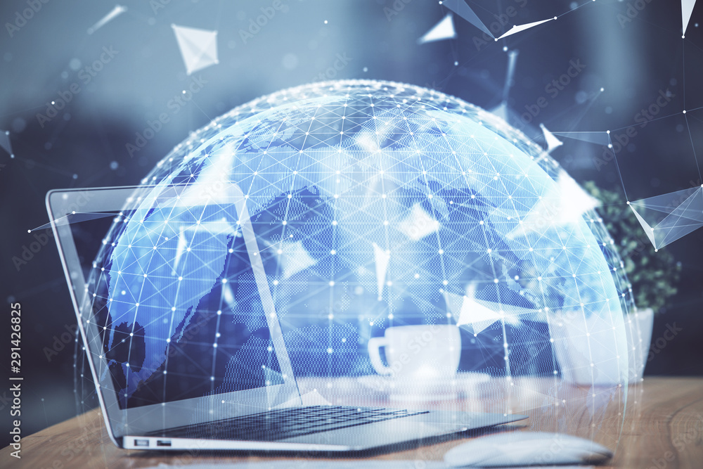 Multi exposure of business theme icons and table with computer background. Concept of success. Multi exposure of business theme icons and table with computer background. Concept of success.