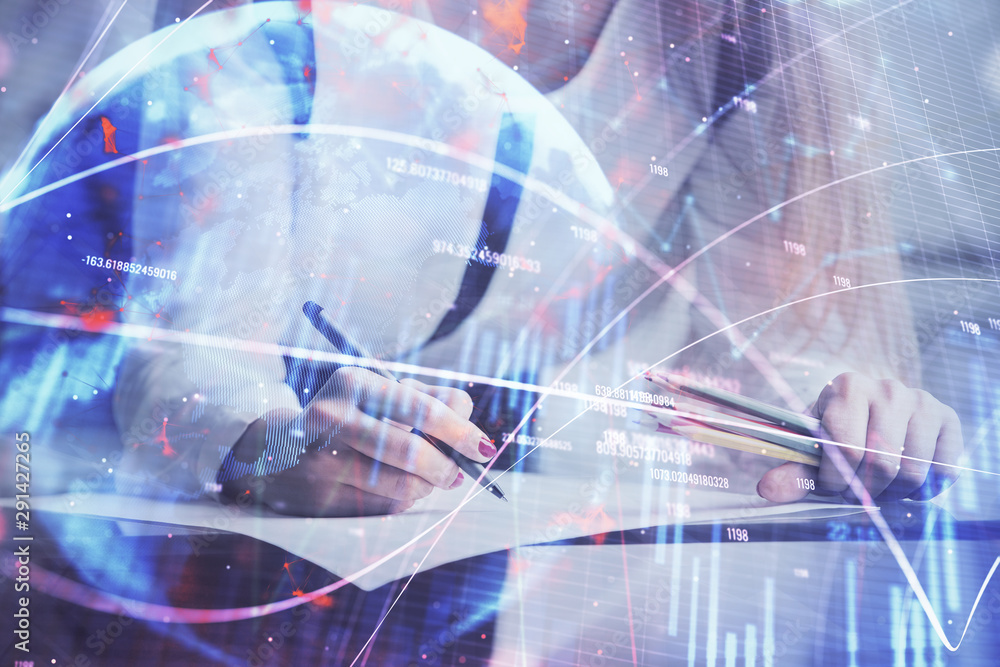 custom made wallpaper toronto digitalDouble exposure of hands making notes with forex chart huds. Stock market concept.