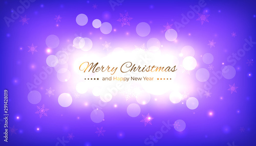 Merry christmas greeting card. Happy new year vector illustration. Design template with festive blue violet background. Bokeh and snowflakes christmas background. Vector holiday illustration