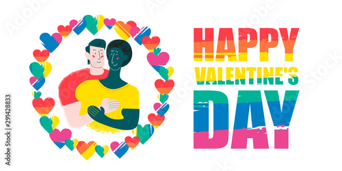 Happy Valentine's day. Vector illustration on white background. Gay couple, different race.